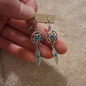 Silver Dreamcatcher Earrings with Turquoise Accents